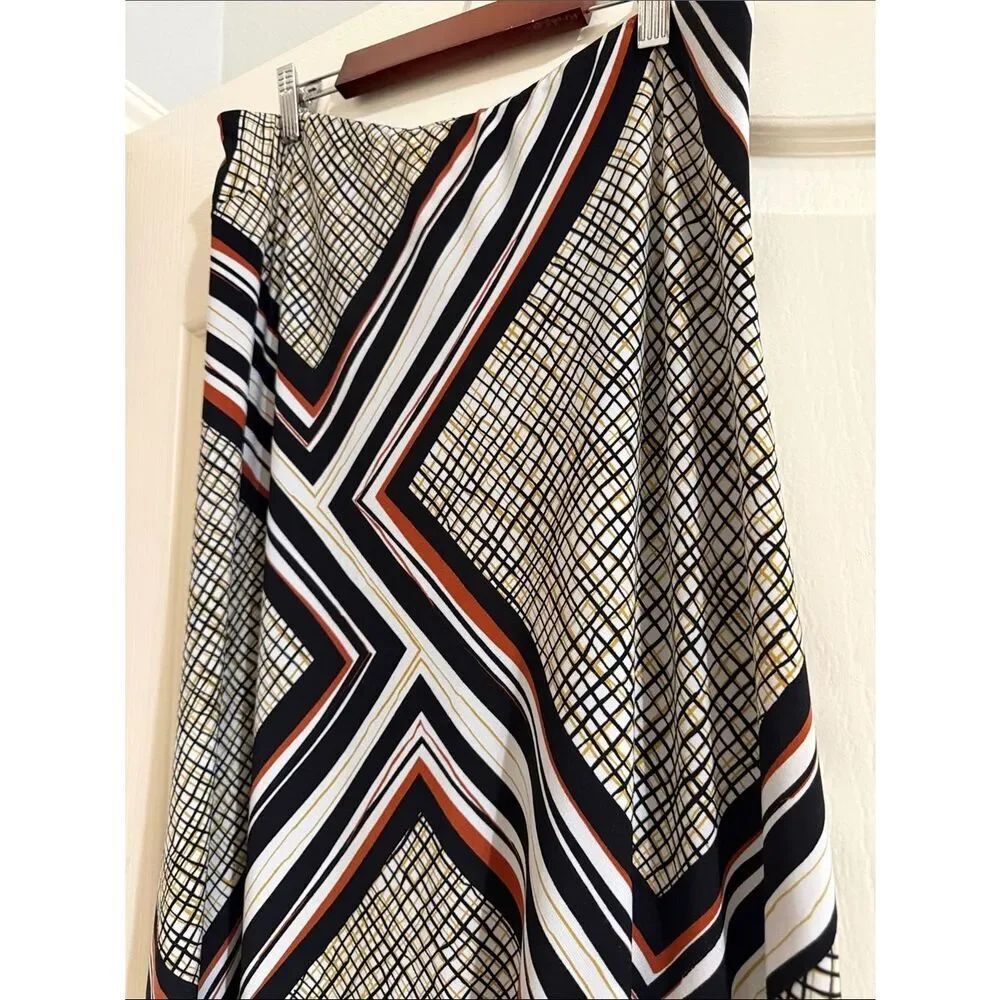 Vintage Donna Karan Asymmetric Geometric Print Midi Skirt - Black, White & Rust - Picture 3 of 5